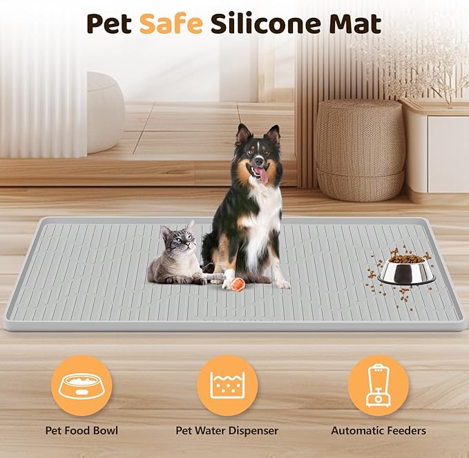 Silicone Cat & Dog Food Mat, 32" x 22" Large Pet Feeding Mat for Cats and Dogs Bowl, Pet Placemat for Food and Water with Raised Edge, Waterproof, Leakproof (Grey)
