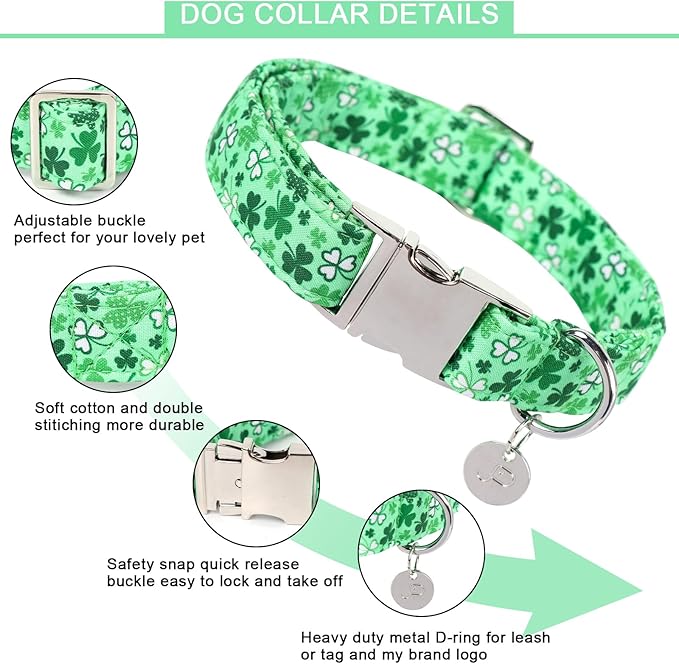 St. Patrick's Dog Collar, Cotton St. Patricks Clover Collar for Puppy Girl Boy Dog or Cat, Lucky Shamrock Dog Collar with Metal Buckle, Green, Spring, L