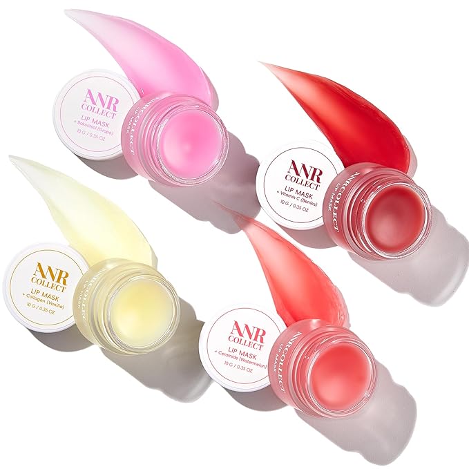 ANRCOLLECT Lip Mask Overnight Set, 4Pcs Lip Care Hydration Treatment Exfoliator Mask Kit, Revives & Nourishes Gift Set for All Day Moisturizing with Collagen & Shea Butter, Valentines Day Gifts