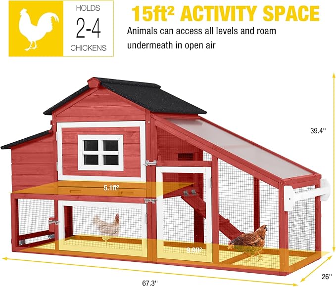 Aivituvin Chicken Coop for 2-4 Chickens with Wheels Outdoor Chicken House Mobile Large Poultry Cage Pull Out Tray No Leakage