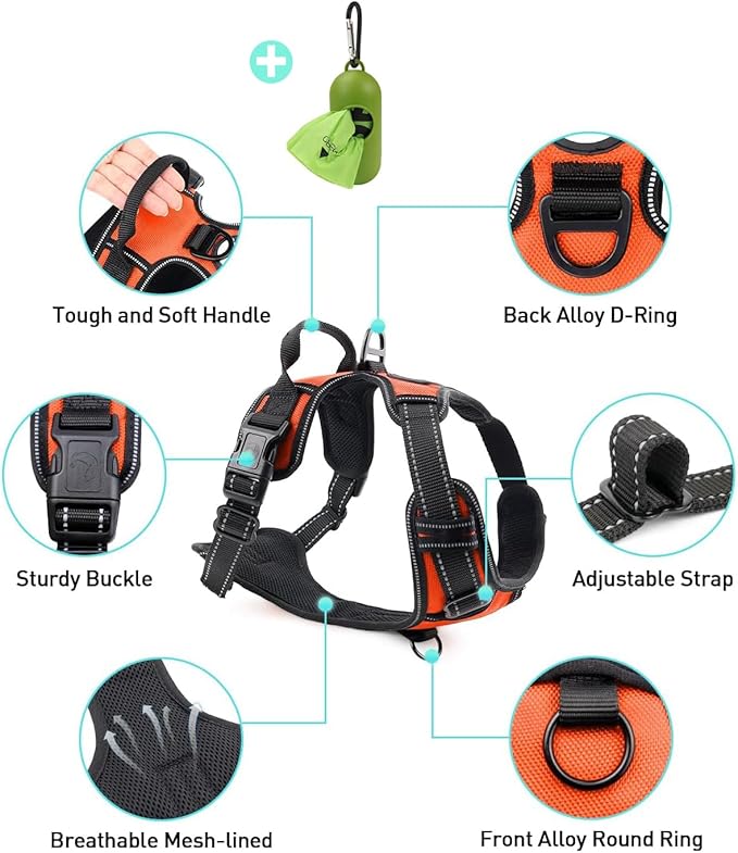 Joytale No Pull Dog Harness for Small Dogs, Reflective Pet Vest with Front Clip, Adjustable Soft Padded Harnesses with Easy Control Handle for Training and Walking, Orange, S