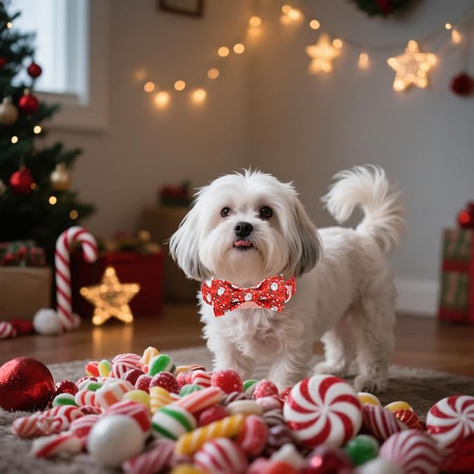 Unique Style Paws Christmas Dog Collar with Bow Red Hat Christmas Man Cotton Puppy Collars for Small Medium Large Dogs