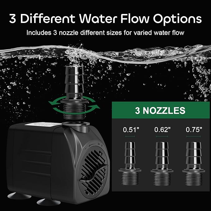 GROWNEER 550GPH Submersible Pump 30W Fountain Water Pump, 2000L/H, with 7.2ft High Lift, 3 Nozzles for Aquarium, Fish Tank, Pond, Hydroponics, Statuary