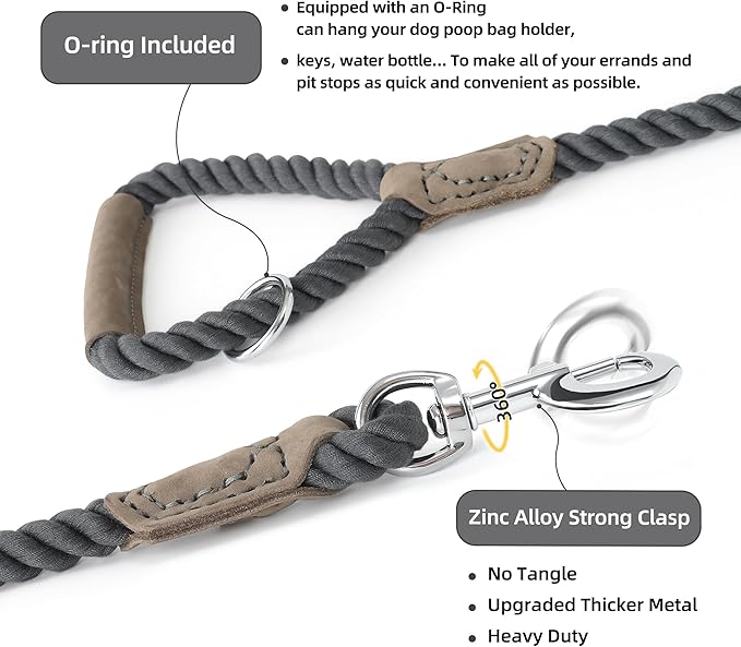 Mile High Life Dog Leash, Braided Cotton Rope Leashes with Leather Handle - Heavy Duty Metal Clasp, 6FT, 1/2" Thick - Wedding, Walking & Training Leash for Small Medium Large Dogs (Gray)