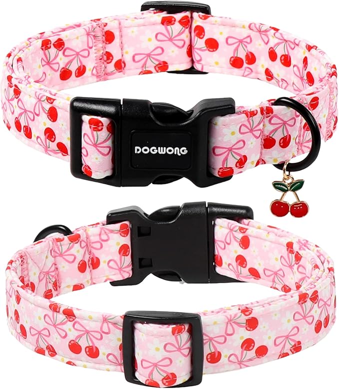 DOGWONG Pink Dog Collar- Cute Cherry Flower Dog Collars Adjustable Girl Female Dog Collar for Small Medium Dogs, M
