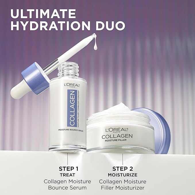 L'Oreal Paris Collagen Moisture Filler Moisture Bounce Face Serum, Glow Serum with Collagen, Glycerin, and Squalane for Bouncy, Radiant, Hydrated Skin, Includes Sample