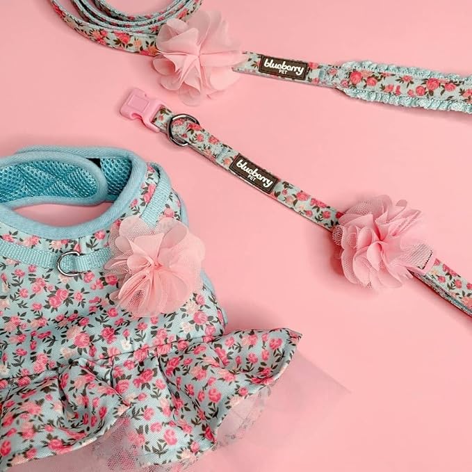Blueberry Pet Made Well Cute Floral Print Adjustable Dog Collar in Light Blue with Pink Artificial Silk Flower, Small, Neck 12"-16"