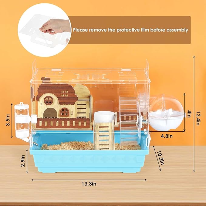 Acrylic Hamster Cage Small Hamster Habitat 360 Viewing Hamster Enclosure with Running Wheel & Chewproof Hideout for Dwarf, Guinea Pig, Gerbils, Blue, 13.3" L*10.2" W*12.4" H
