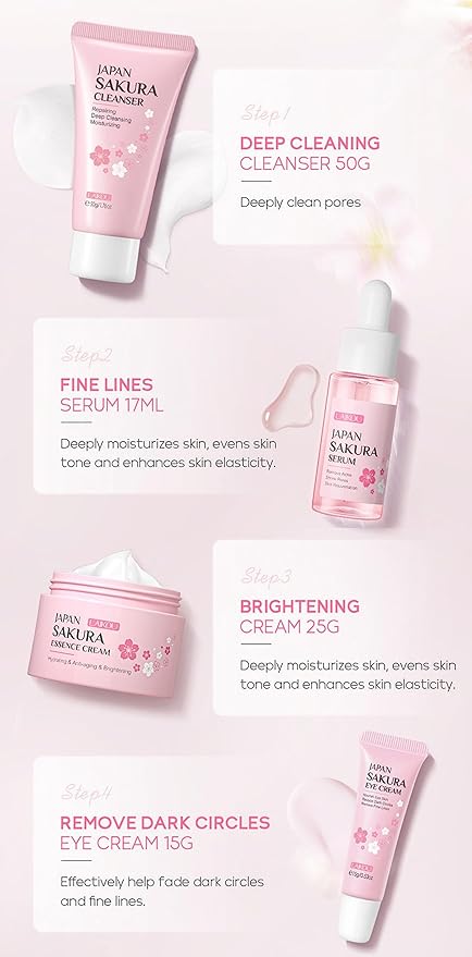 Travel Skincare Kit - Sakura Gentle Korean Skin Care Set for Teen Girls & Women | Hydrating Cleanser, Anti-Aging Serum, Moisturizer, Eye Cream - Radiant Skin Mini Holiday Box Gift (4PC)
