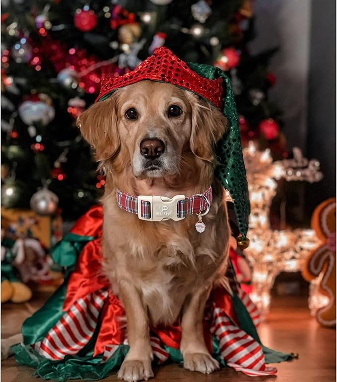 Christmas Plaid Dog Collar, Red and Blue Check Adjustable Pet Collar with Quick Release, Christmas Stripes Collar for Small Medium Large Dogs L
