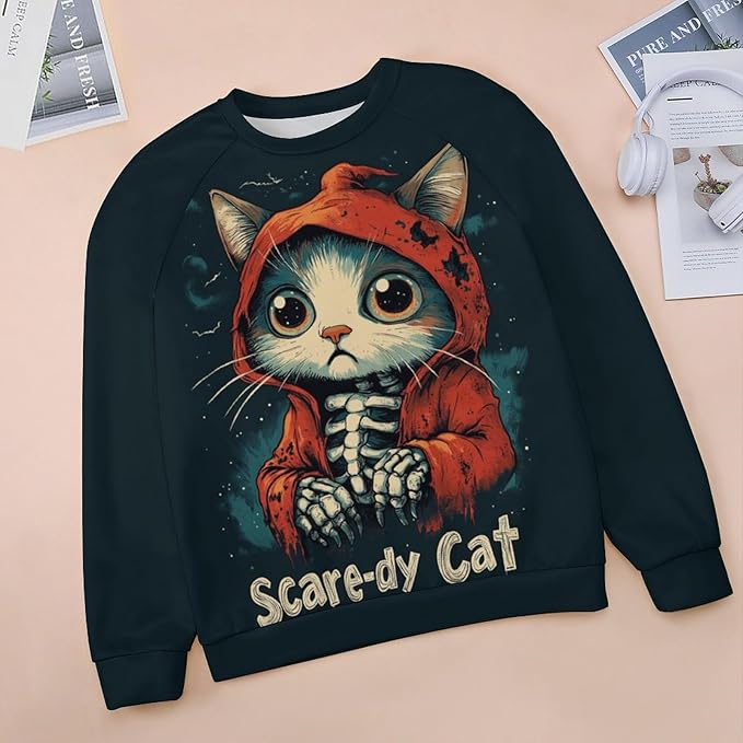Halloween Sweatshirts for Women Black Cat Print Pullover Crewneck Oversized 2024 Fall Fashion Casual Warm Shirt