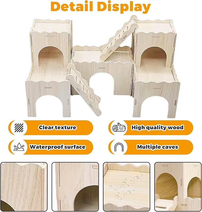 Wooden Dwarf Hamster House, Hamster Tiny House Hideout, Maze House, Large Balcony Lookout Holes, Easy to Assemble, Detachable Parts, Secure Hideaway, F