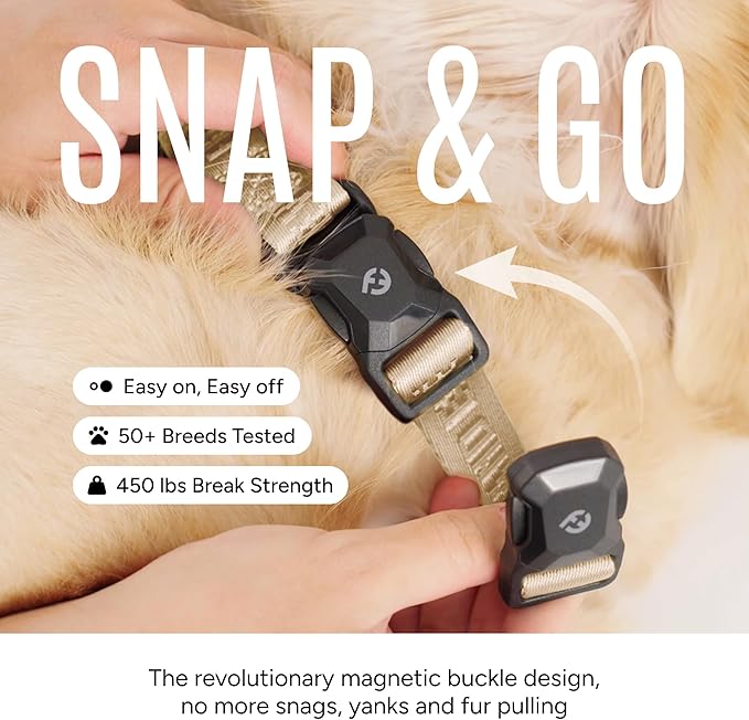 2025 New Edition, Fei & Eve MagEase Dog Collar - Patented Magnetic Buckles | Fur-Safe | Premium 210D Nylon | 450LB Escape-Proof | Adjustable Fit | Medium (Champagne)