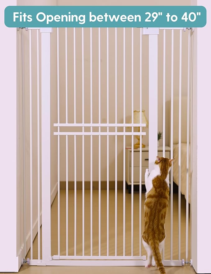 No Pawblems 55" Extra Tall Pet Gate for Cat/Dog, 29-40" Wide Auto Close Tall Dog Gate, 1.37" Ultra Narrow Spacing, NO Drilling Pressure Mounted for Doorways/Hallways, White