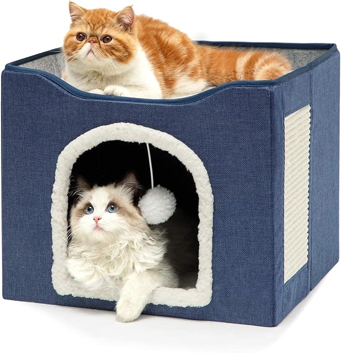 Cat Houses for Indoor Cats - Large Cat Bed Cave with Scratch Pad and Fluffy Ball, Foldable Cat Condo Hideaway with Reversible Cushion for Multi Small Pet (Blue, Single)