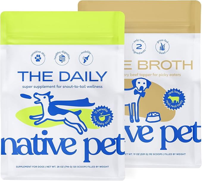 Native Pet Beef Bone Broth Powder for Dogs (19 Oz.) & Daily Dog Multivitamin (28 Oz.) - Daily Multivitamin for Pups and Pet Gravy Food Topper for Picky Eaters