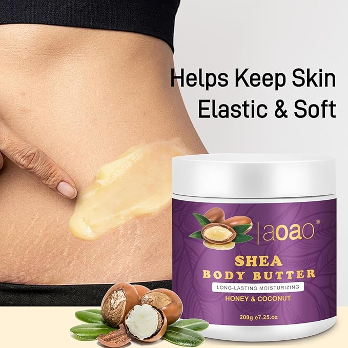 AOAO Shea Body Butter for Stretch Marks Pregnancy, Deeply Nourishing & Safe Moisturizer with Honey, Coconut & Vitamin-Rich Formula for Pregnant Women, Helps Soothe & Moisturize Stretch Marks, 7.05oz