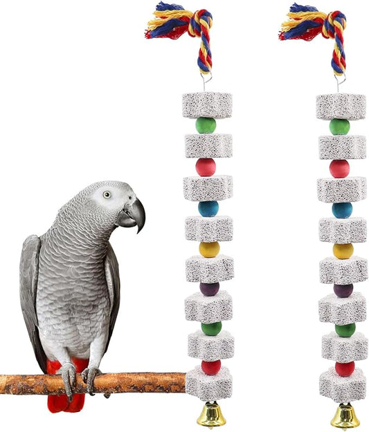 2 Pack Mineral Block Chew Toys with Colorful Beads and a Bell, Bird Beak Grinding Stone, Cage Accessories for African Grey, Budgies, Cockatiels, Small to Medium Birds