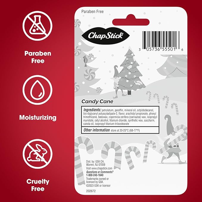 ChapStick Bulk Lip Balm, Candy Cane Packs (12 Sticks) – Fresh & Minty Lip Moisturizer, Stocking Stuffer, 0.15 Oz Ea