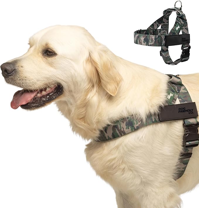 DF Co. Dog Harness | Chafe Resistant Webbing, Adjustable Neck & Chest, and Heavy Duty D-Ring | Sturdy, Comfortable, Easy to Use | Green Camo, Size M