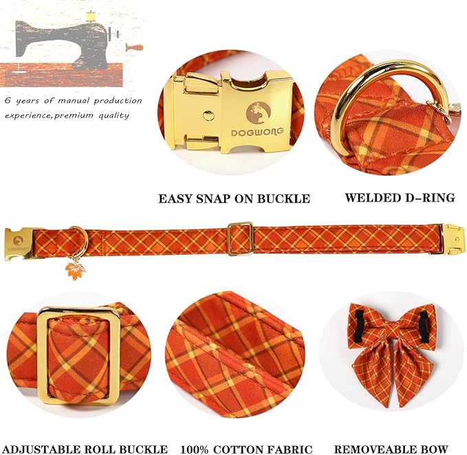 DOGWONG Cotton Fall Dog Collar, Orange Plaid Dog Collar with Bow Halloween Dog Collars Puppy Necklace for Small Medium Large Dogs