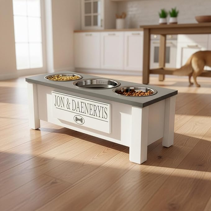 GTW Personalized Elevated Dog Bowl Stand for Large, Medium, Small, X-Small Dogs - Stainless Steel Food and Water Bowls - Raised Dog Dish with Internal Storage (Medium, Grey)