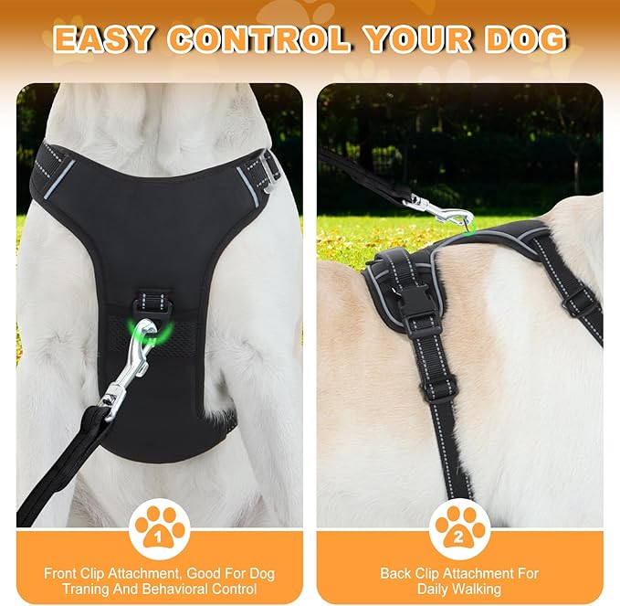 No Pull Dog Harness with 3 Snap Buckles,No Choke Front Lead pet Harness Reflective and Adjustable Soft Padded Vest for Small Medium Large Dog (Black, Large)