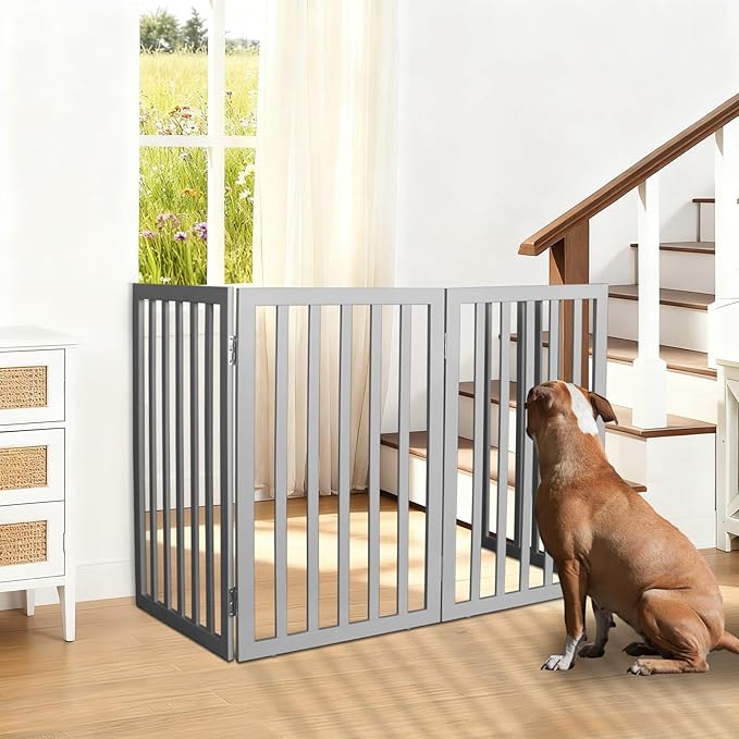 ZJSF Freestanding Indoor Dog Gate for House Foldable Wood Grey Puppy Gate for Doorways Pet Gate for Stairs Extra Wide Pet Fence 32" Height 4 Panels
