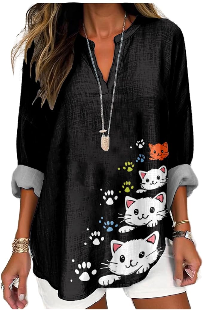 MARSVOVO Cat Shirts for Women Long Sleeve Cute Cat Pullover Graphic Novelty V Neck Blouse Oversized Funny Tunic Tops
