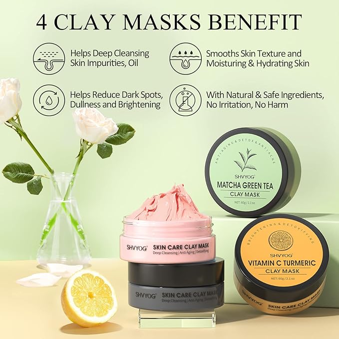 SHVYOG 4Pcs Face Mask Set - Turmeric Clay Mask, Vitamin C, Green Tea, Rose, Dead Sea Mud Mask, Skin Care Mask for Deep Cleansing, Refining Pores, Valentine's Day Gifts for Women- 240g