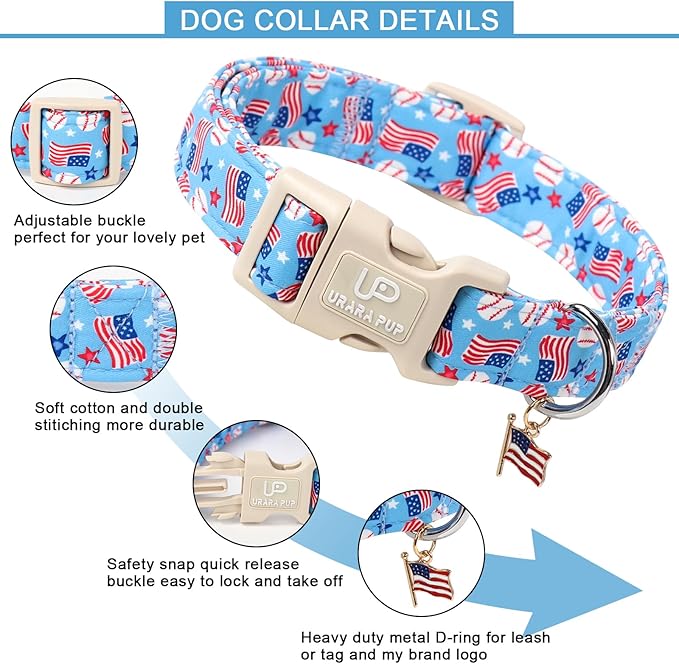 4th of July Dog Collar–American Flag Dog Collars,Patriotic Stars & Baseball Pet Collar with Quick Release,Adjustable for Small/Medium Dogs