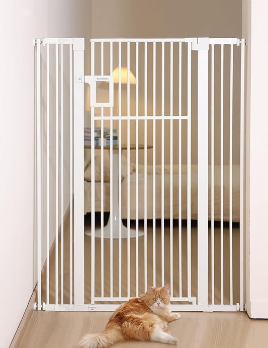 No Pawblems Upgraded 55" Extra Tall Pet Gate for Cat, 29-43" Auto Close Cat Gate for Doorways/Stairs/Hallways, NO Drilling Pressure Mounted Tall Dog Gate Indoor, 1.37" Pet-Safe Gap, White