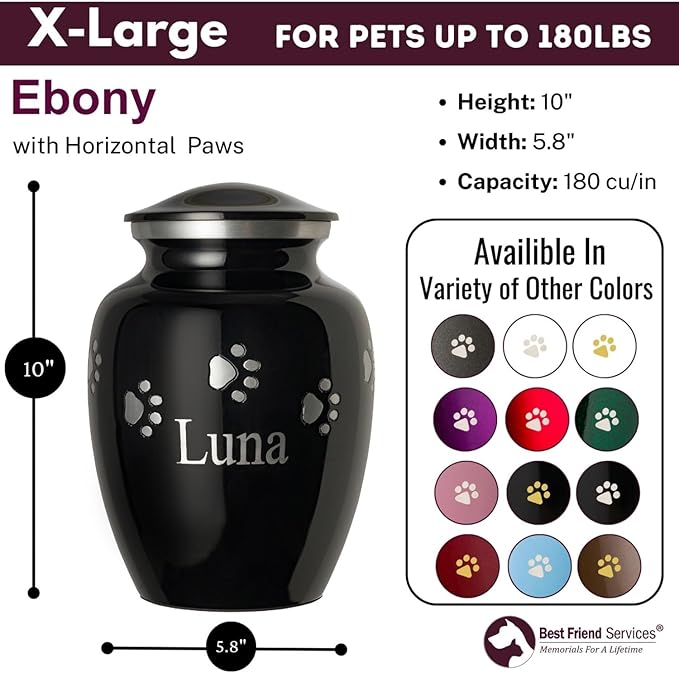 Pet Urn for Dogs and Cats with Personalized Laser Engraving, Ottillie Paws Premier Series Memorial Urns (X-Large Ebony with Horizontal Pewter Paws)