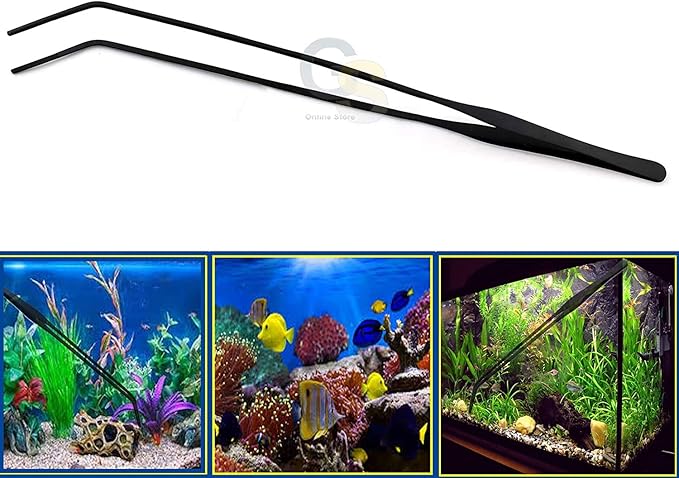 G.S 15" Aquarium Tweezers, Stainless Steel Long Tweezers for Aquarium, Anti-rust Carbonation Coating, Curved Forceps Nippers, Perfect for Planting in Fish Tank Reef Tank Terrarium.