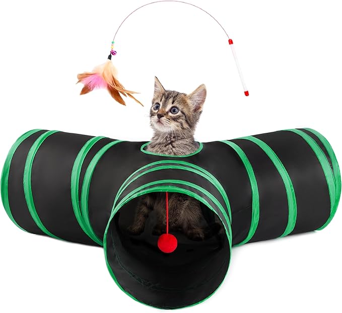 Love's cabin Cat Tunnels for Indoor Cats, Cat Tube Toys 3 Way Collapsible, Pet Play Tunnel with Peek Hole Toy Ball for Kitty, Kitten, Rabbit, Black&Green, Small Size (23.6"X13"X11")
