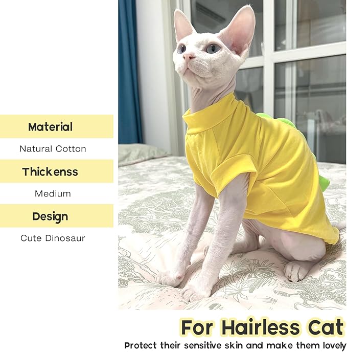 QBLEEV Sphynx Cat Clothes – Soft Cotton Dinosaur Shirt for Hairless Cats Only, Breathable Pet Daily Wear Apparel for Summer, Kitten Costume Pajamas for Indoor/Outdoor Use, XS-2XL