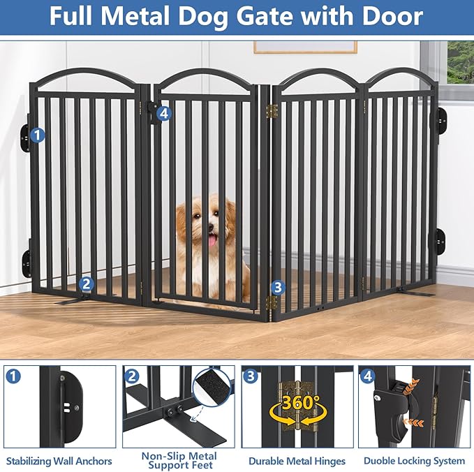 Malier Metal Freestanding Dog Gates with Door, 36'' Height Outdoor Indoor Dog Fences, Extra Wide Foldable Puppy Gate for Stairs (Black, 【4 Panels with Door】 80''W × 36''H)