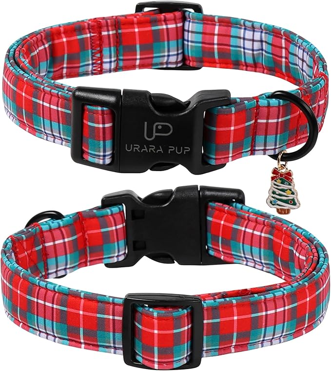 Christmas Dog Collar, Red and Green Plaid Adjustable Pet Collar with Snowflake Charm, Holiday Dog Accessories for Small Medium Large Dogs