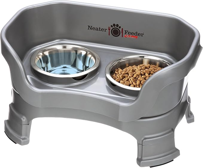 Neater Feeder Deluxe Mess Proof Cat Bowls Elevated for All Breeds – Made in USA – No Spill Raised Cat Bowls for Indoor Cats w/Leg Extensions – Stainless Steel Cat Food and Water Bowl Set - Grey
