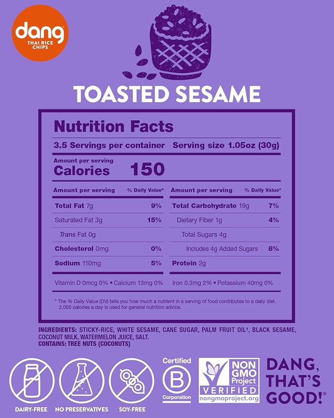 Dang Thai Rice Chips | Toasted Sesame | 12 Pack | Vegan, Gluten Free, Non GMO Rice Crisps, Healthy Snacks Made with Whole Foods | 3.5 Oz Resealable Bags