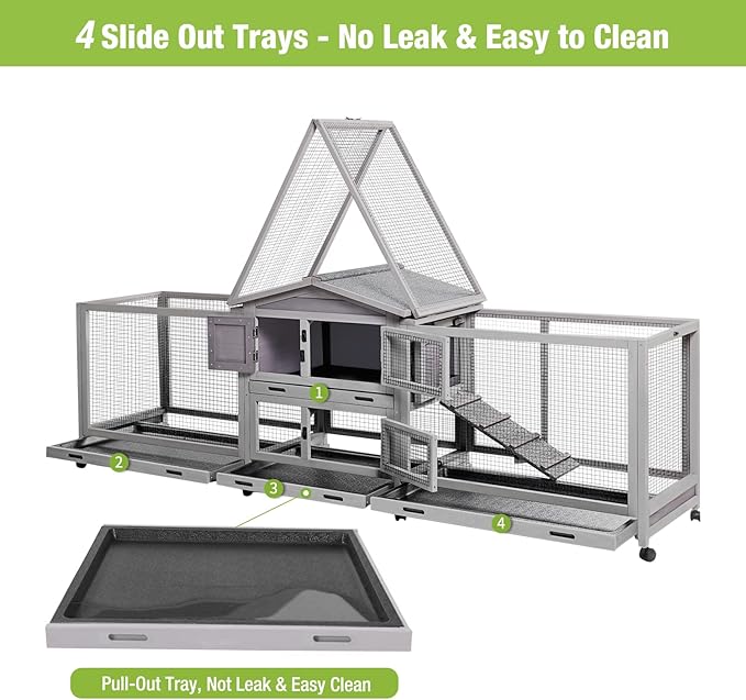 Rabbit Hutch Bunny Cage Indoor & Outdoor Rabbit Cage on Wheels, Large Guinea Pig Cage with 4 Deep No Leakage Pull Out Trays - 93.7"