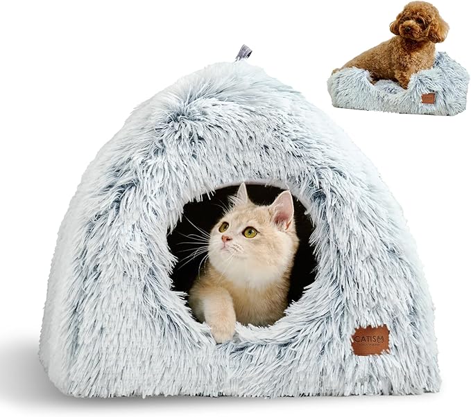 CATISM Cat Beds for Indoor Cats 2 in 1 Cat Bed Cave Machine Washable Fluffy Cat Cave Bed Foldable Non-Slip Washable Cushioned Pillow Soft Plush Premium Cotton Pet Bed for Kittens and Small Dogs Gray L