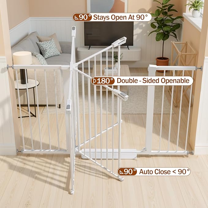 Mumeasy 29.7-57" Extra Wide Baby Gate, Auto Close Large Dog Gate for Doorways, No Drilling Pressure Mounted Pet Safety Gate for Stairs, Easy Walk Through Child Gate for Hallways, House, Indoor, White
