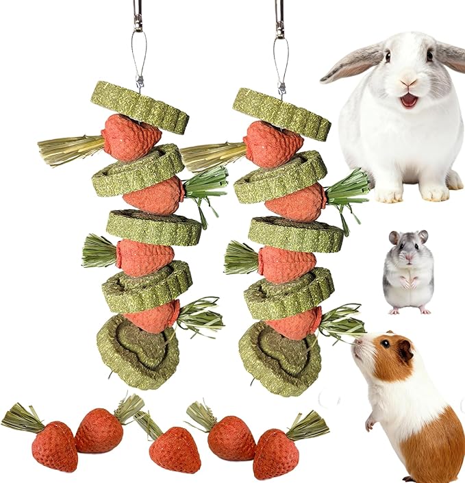 Bunny Chew Toys Guinea Pig Chew Toys for Teeth Grinding Rabbit Treats Natural Timothy Grass Cake Strawberries for Guinea Pigs Chinchillas Bunny Hamster (2 Pcs)