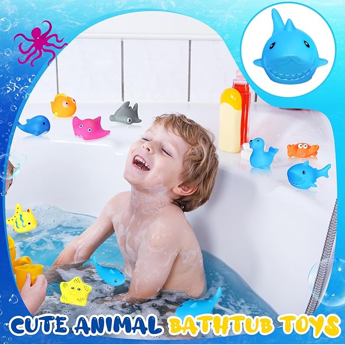 Poen 100 Pcs Rubber Bath Toys Bulk Cute Sea Animals Bathtub Toys Floating Ocean Squeaky Animals for Birthday Party Supplies Summer Pool Favors Baby Shower Classroom Carnival Prizes, 10 Styles
