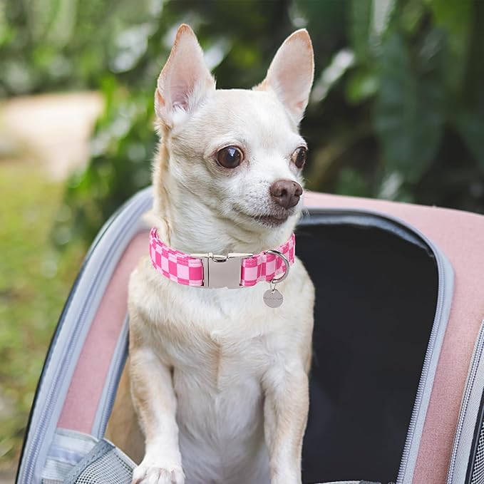 Dog Collar for Summer,Cute Pink Plaid Dog Collar,Cotton Puppy Collar with Adjustable Metal Buckle for Small,Medium,Large Girl Boy Dog