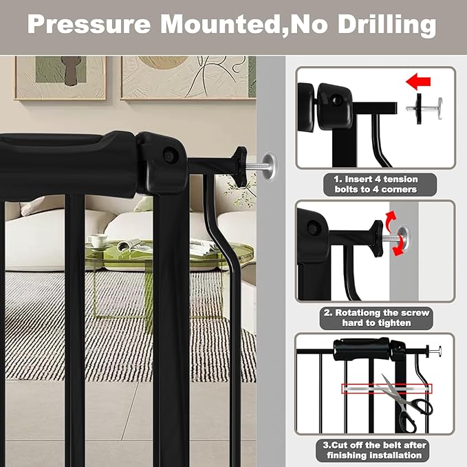Fairy Baby Walk Through Black Baby Gate 29-34 Inch Wide, Pressure Mounted Safety Gate with Door No Drill, Tension Metal Gate for Dog and Toddler