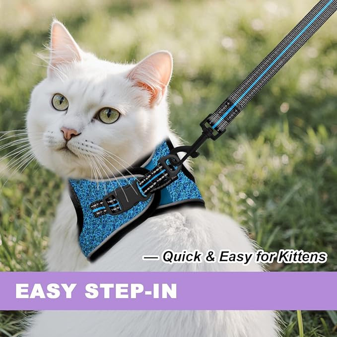 Cat Harness and Leash Set,Escape Proof Kitten Harness,Step in Adjustable Soft Lightweight,Easy Control,Reflective Strips Comfortable for Walking Travel(Blue/Black,XS)