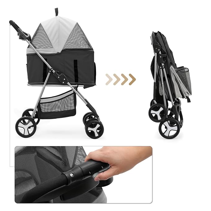 MoNiBloom 3 in 1 Foldable Pet Stroller for Small & Medium Dogs, Detachable Carrier, Car Seat, Push Button Entry, 4-Wheel Jogger for Pets up to 33 lbs, Black