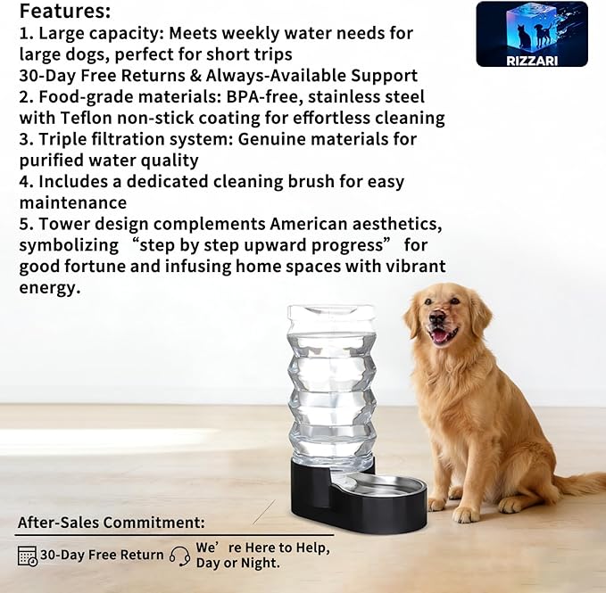 RIZZARI Large Dog Water Dispenser: Stainless Steel Pet Water Bowl - 9L Black Stainless Steel Automatic Pet Gravity Feeder with Filter Indoor/Outdoor